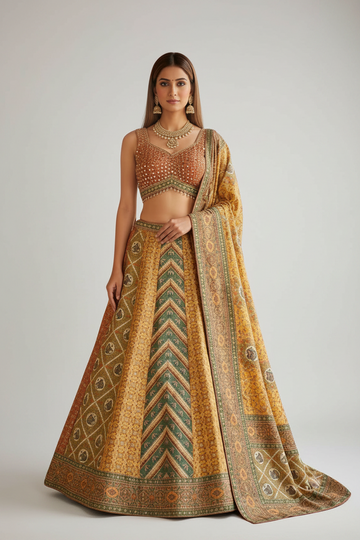 Mustard printed lehenga with embellished blouse.