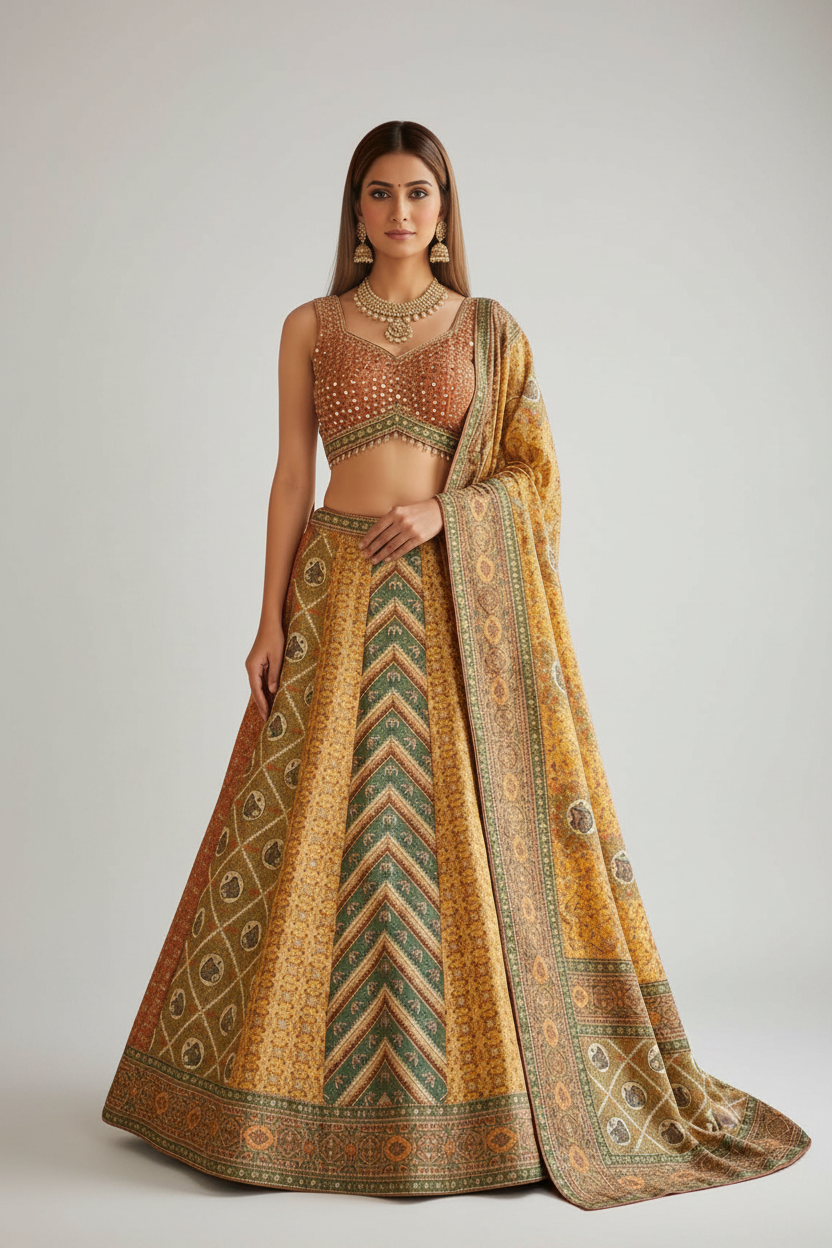 Mustard printed lehenga with embellished blouse.