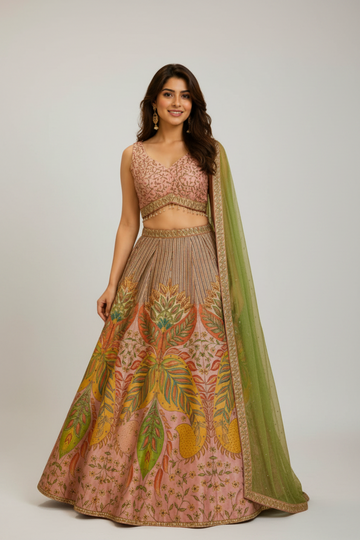 Blush floral printed lehenga with green dupatta