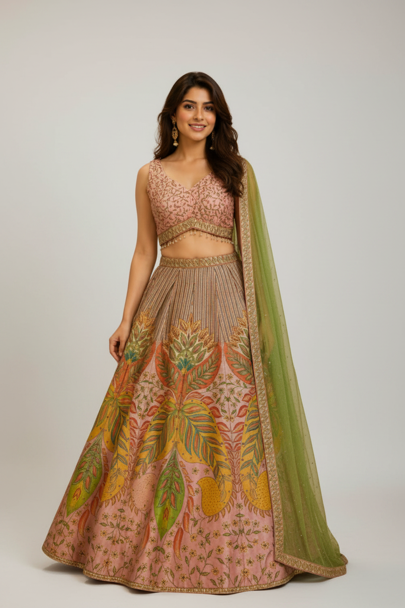 Blush floral printed lehenga with green dupatta