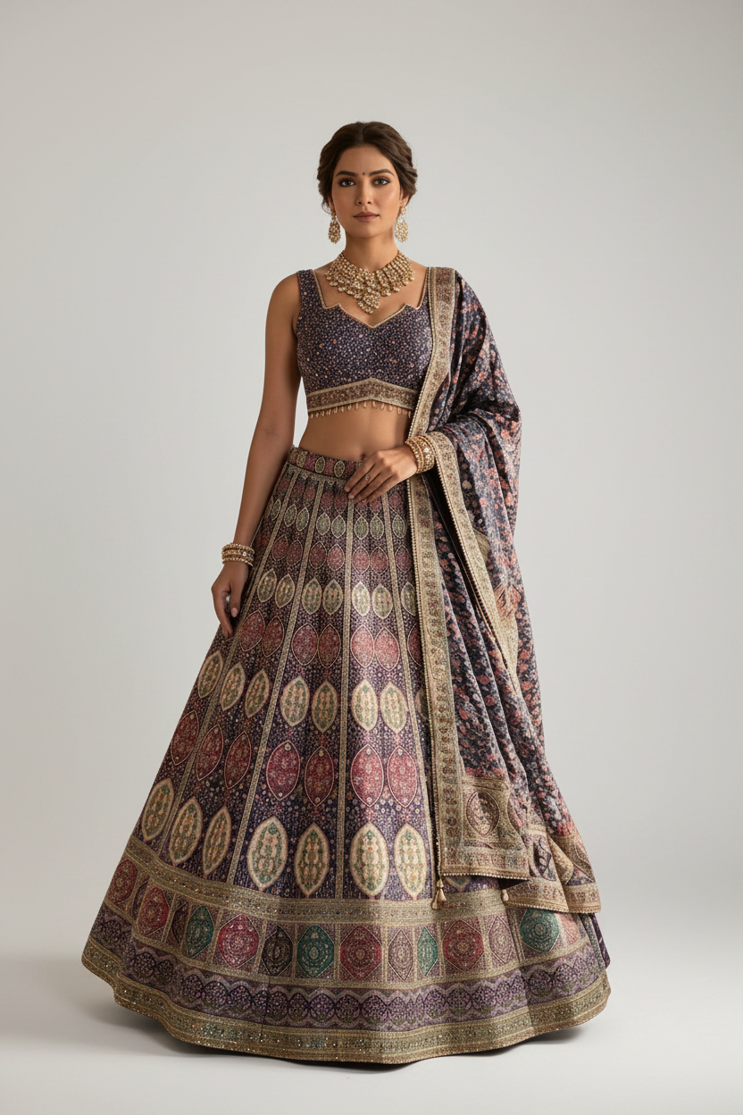 Midnight Blue Lehenga Showcasing Intricate Motifs, Elegance, and Grace