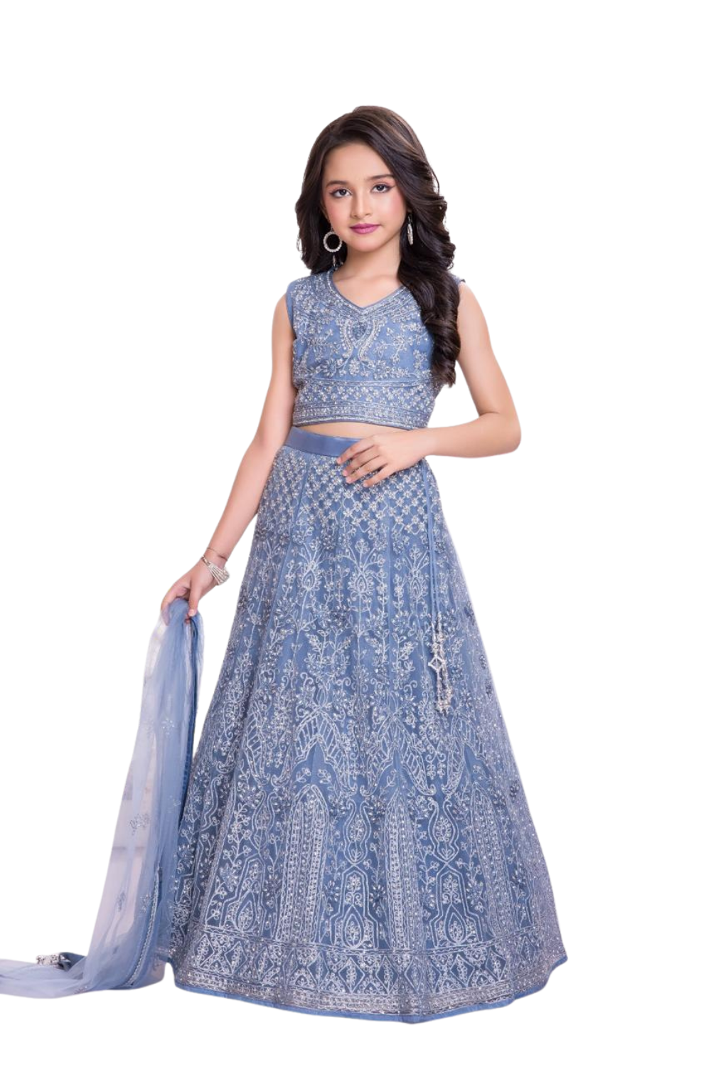 Elegant powder-blue lehenga adorned with intricate silver embroidery.