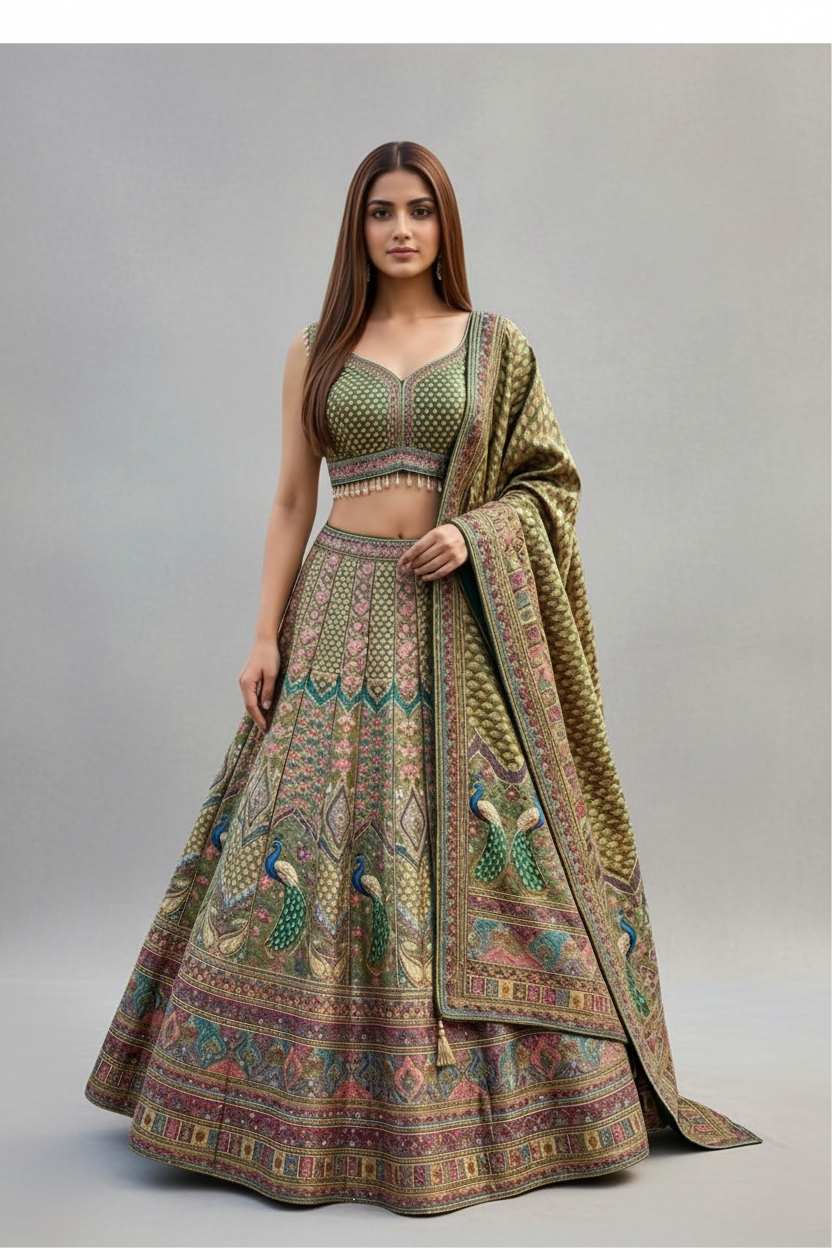 Olive Green Peacock Lehenga Featuring Artistic Motifs and Regal Elegance