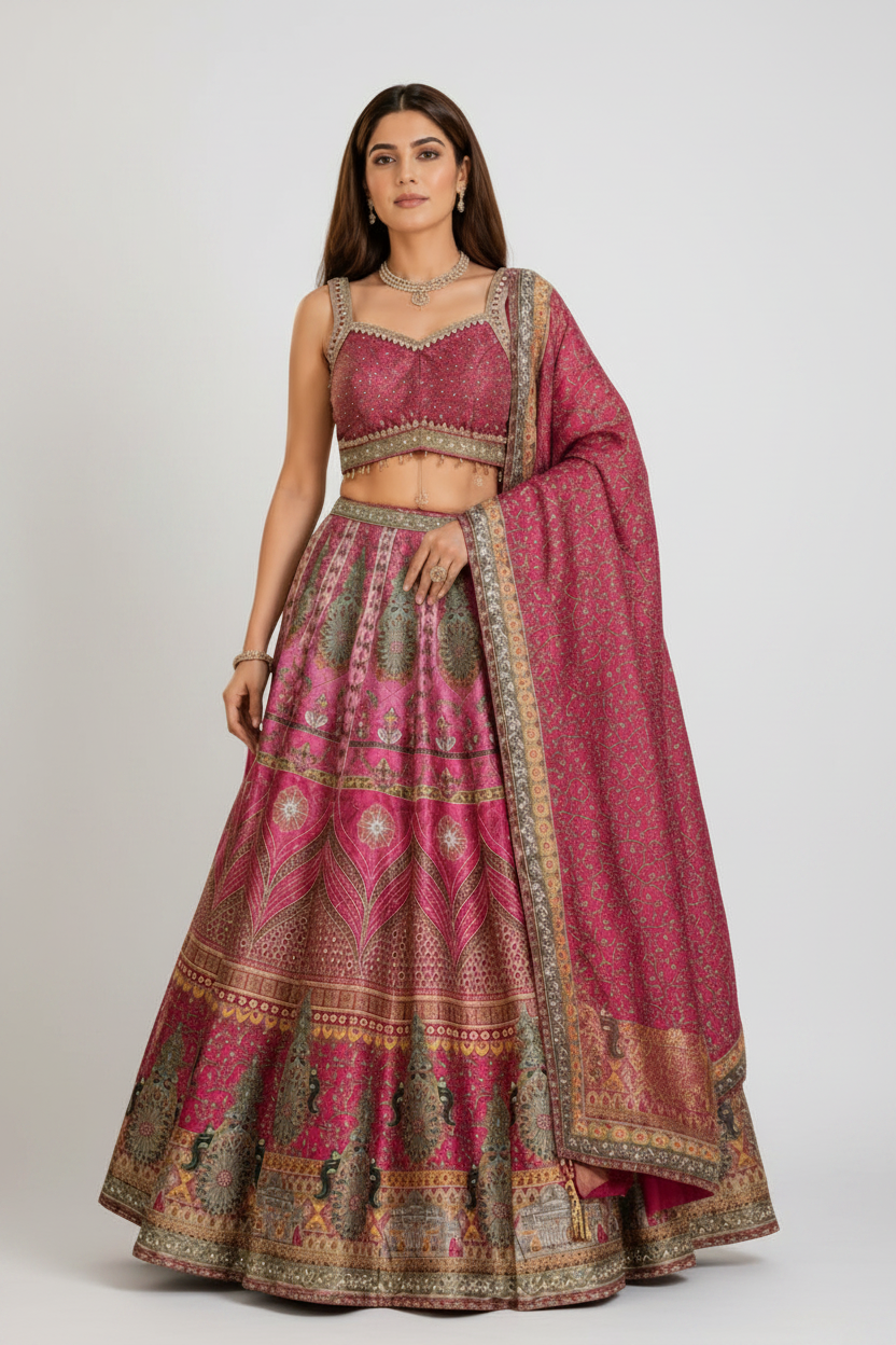 Magenta printed lehenga with embellished blouse.