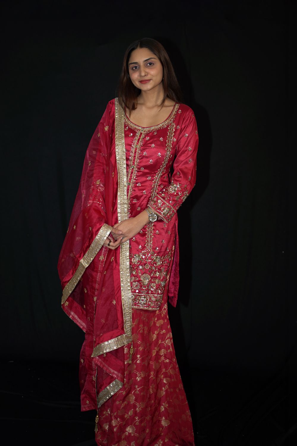 Resham and Zari Embroidered Silk Hot pink sharara suit Main image