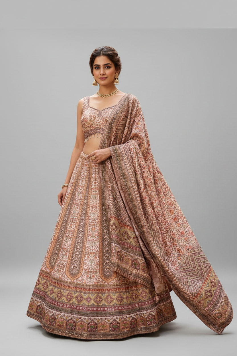 Blush Pink Lehenga Featuring Delicate Floral Weaves and Timeless Grace