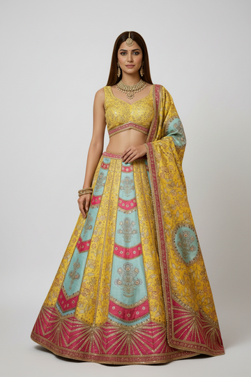 Radiant yellow lehenga with intricate prints.