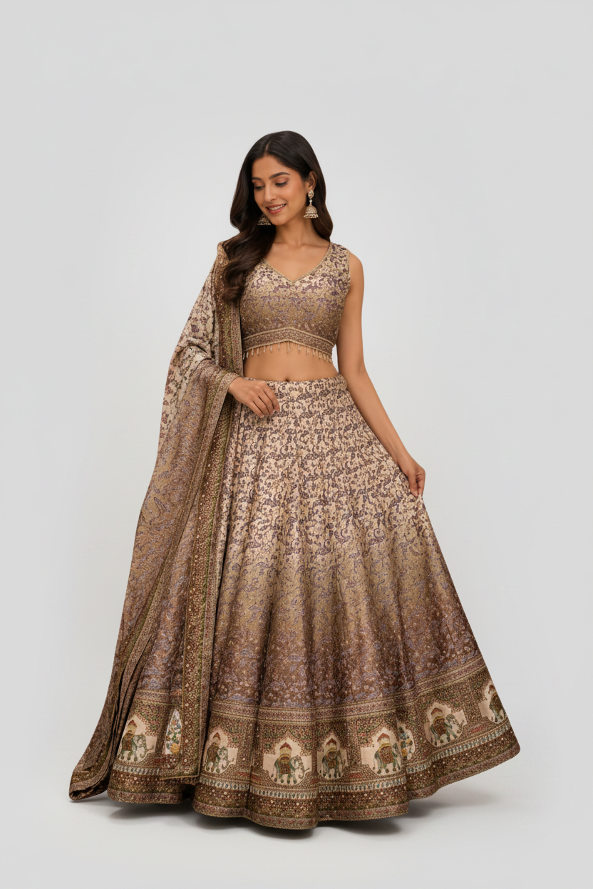 Champagne Gold Lehenga Featuring Royal Elephant Motifs and Elegant Craftsmanship
