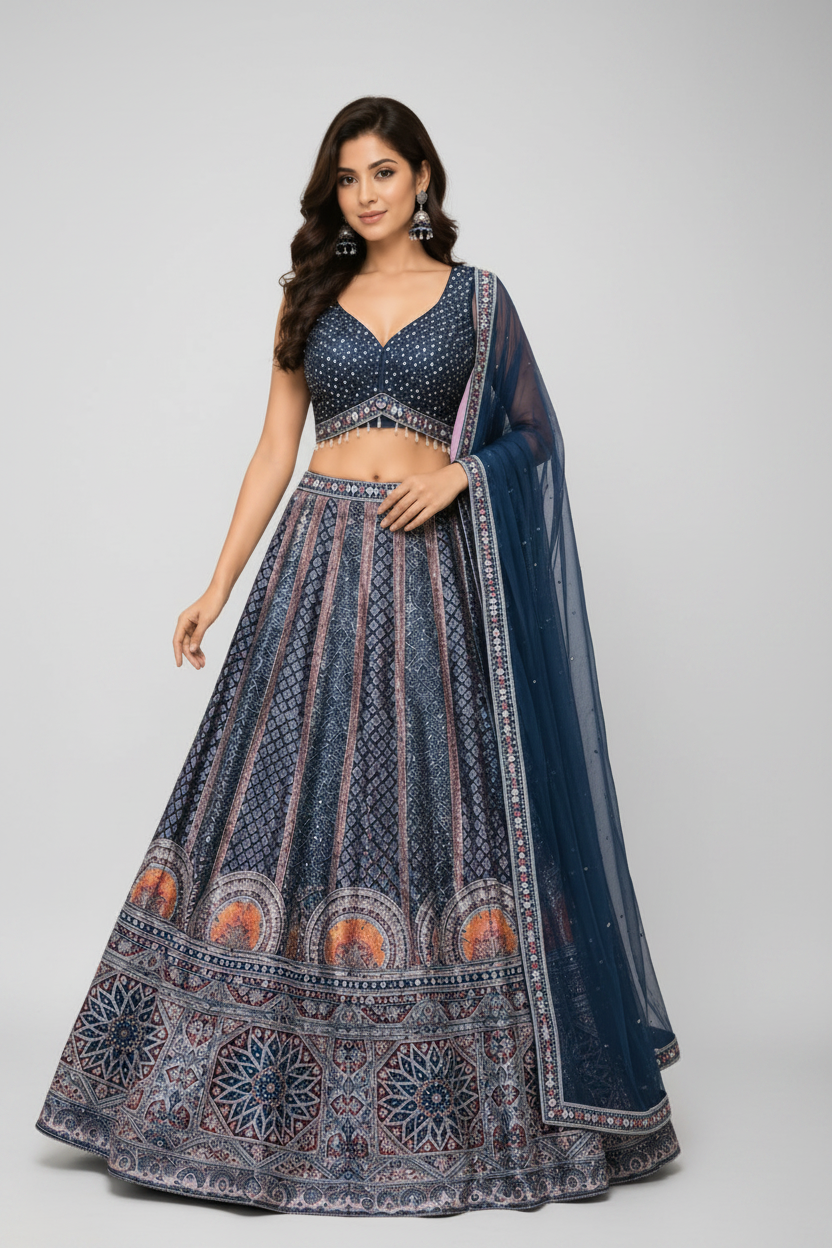 Elegant navy printed lehenga blending heritage artistry.