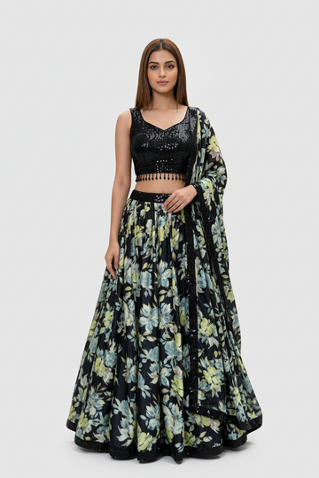 Black Floral Lehenga Featuring Sequin Elegance and Contemporary Charm