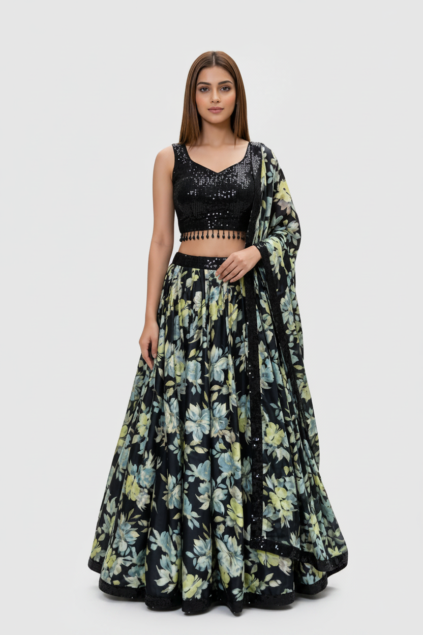 Black Floral Lehenga Featuring Sequin Elegance and Contemporary Charm
