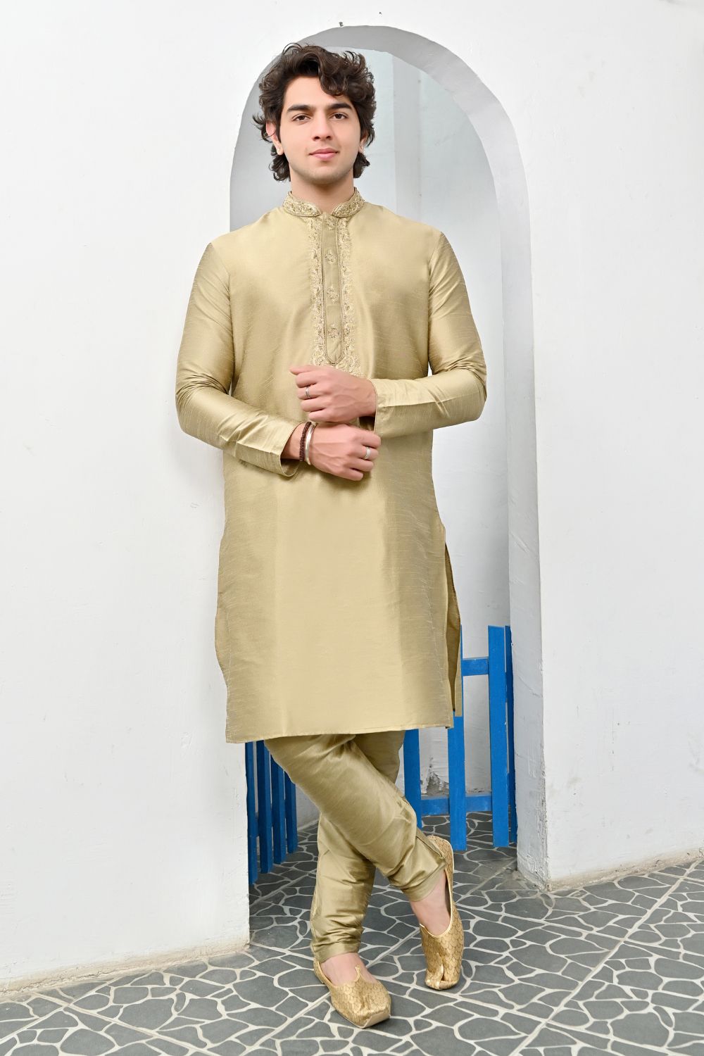 Beige Neck Embroidery Kurta pajama