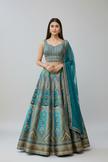 Turquoise Blue Lehenga Featuring Peacock Motifs and Regal Craftsmanship