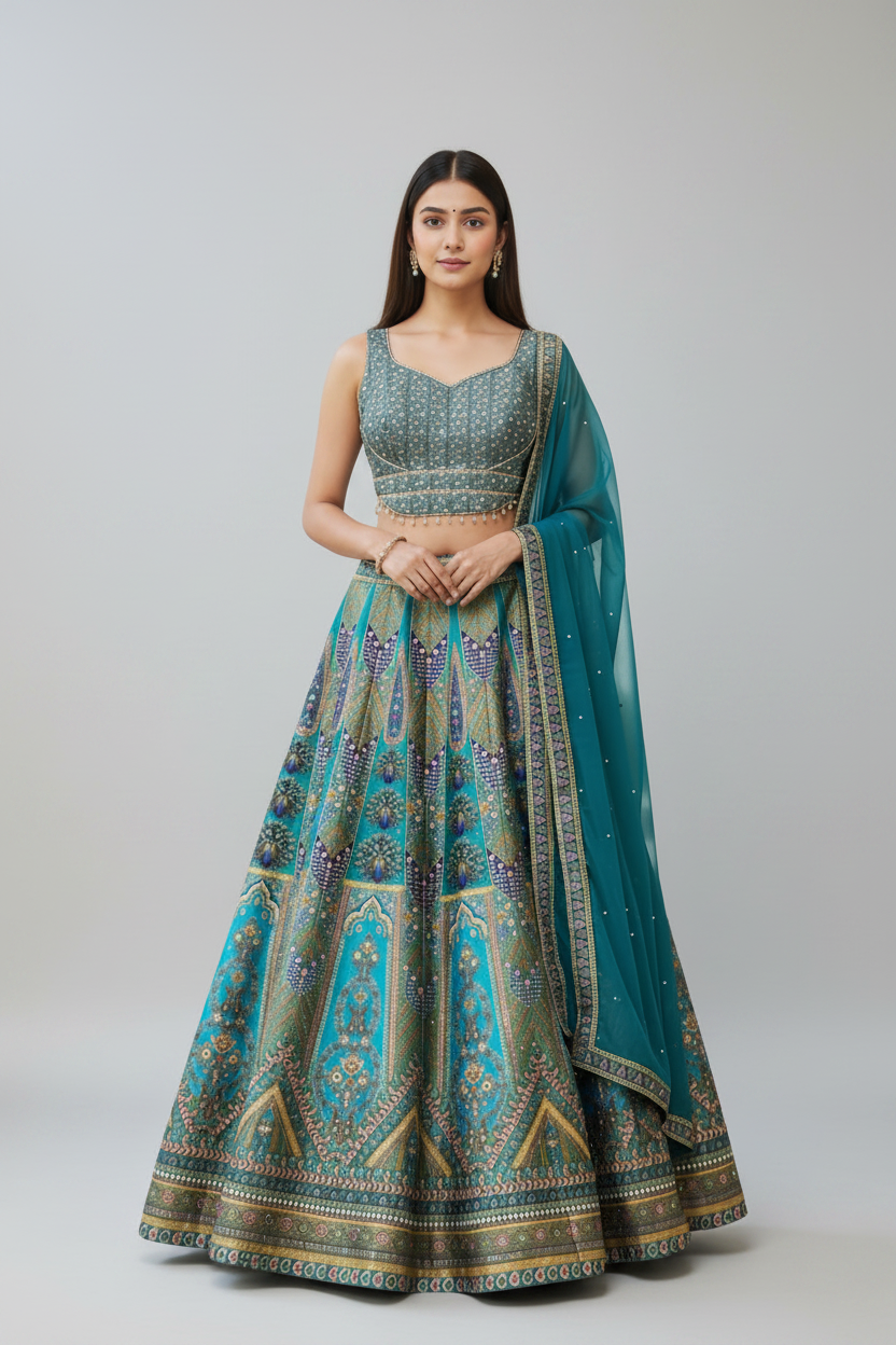 Turquoise Blue Lehenga Featuring Peacock Motifs and Regal Craftsmanship