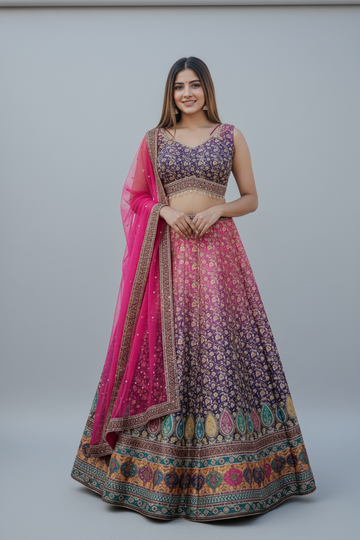 Navy Blue & Hot Pink Lehenga Featuring Floral Weaves and Regal Elegance
