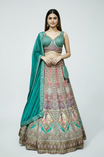 Teal Green Lehenga Featuring Heritage Art Prints and Regal Elegance