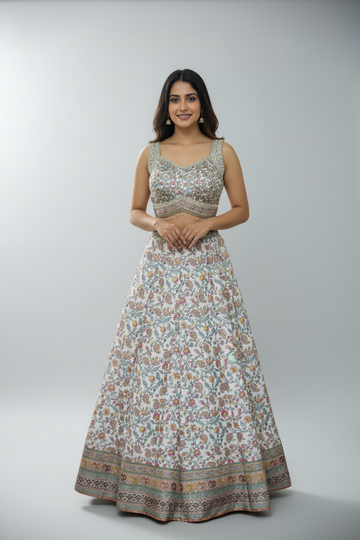 Ivory Floral Lehenga Paired with Pink Dupatta and Grace
