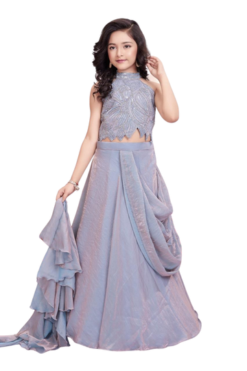 Shimmering lilac draped lehenga