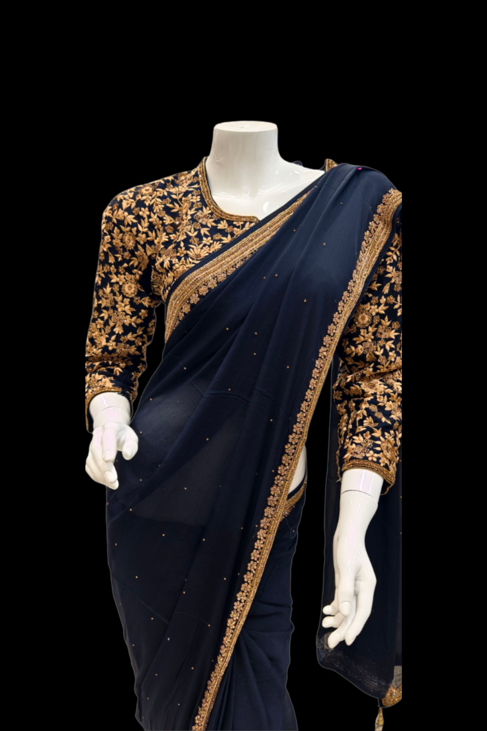Electric navy blue saree with resham work Secondary image