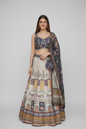 Ivory & Navy Heritage Lehenga Featuring Royal Motifs and Timeless Elegance