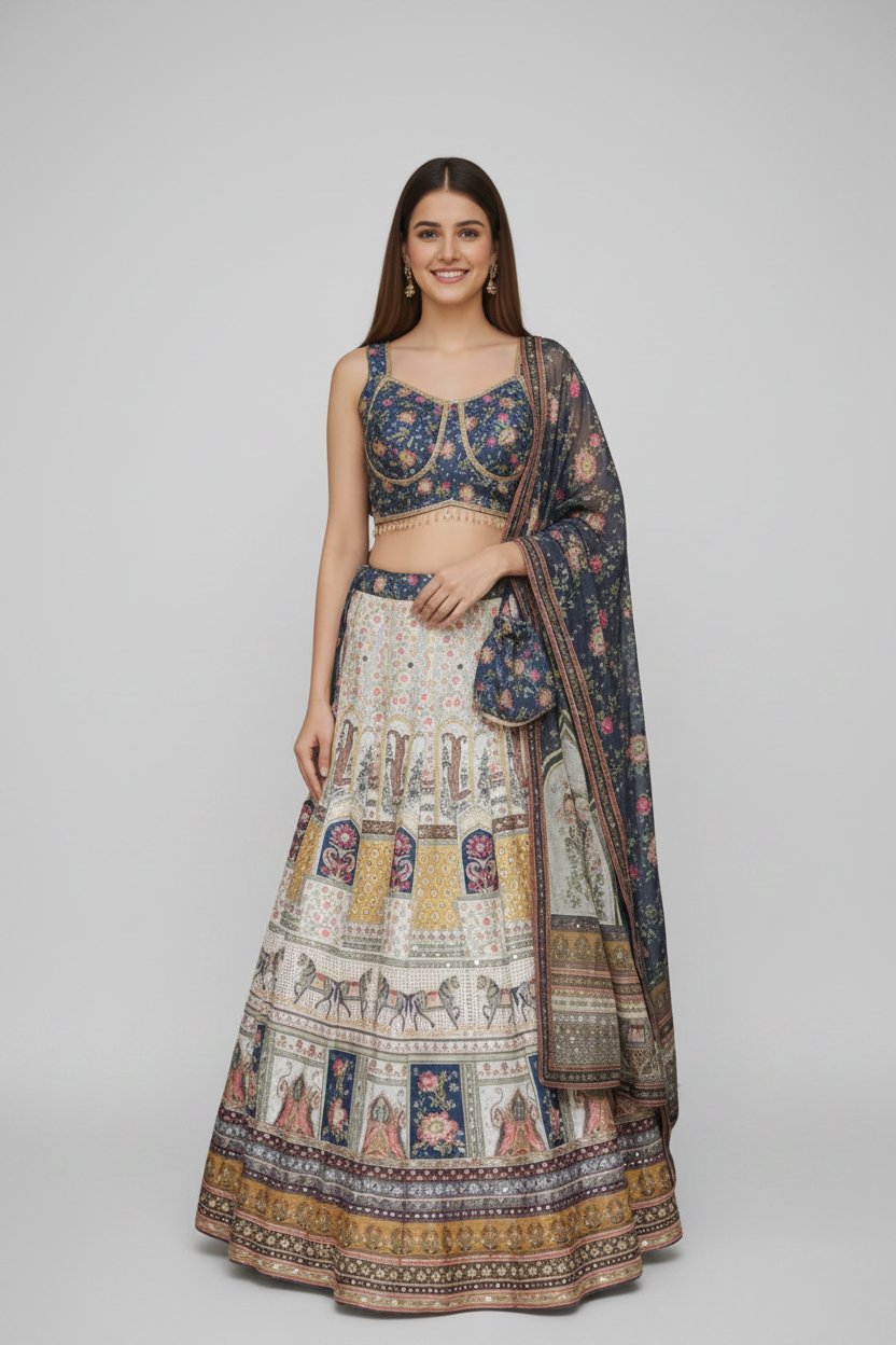 Ivory & Navy Heritage Lehenga Featuring Royal Motifs and Timeless Elegance