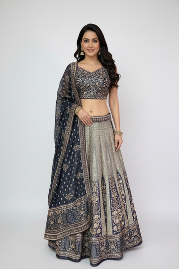 Navy Blue Lehenga Featuring Intricate Zari Weaves and Regal Elegance