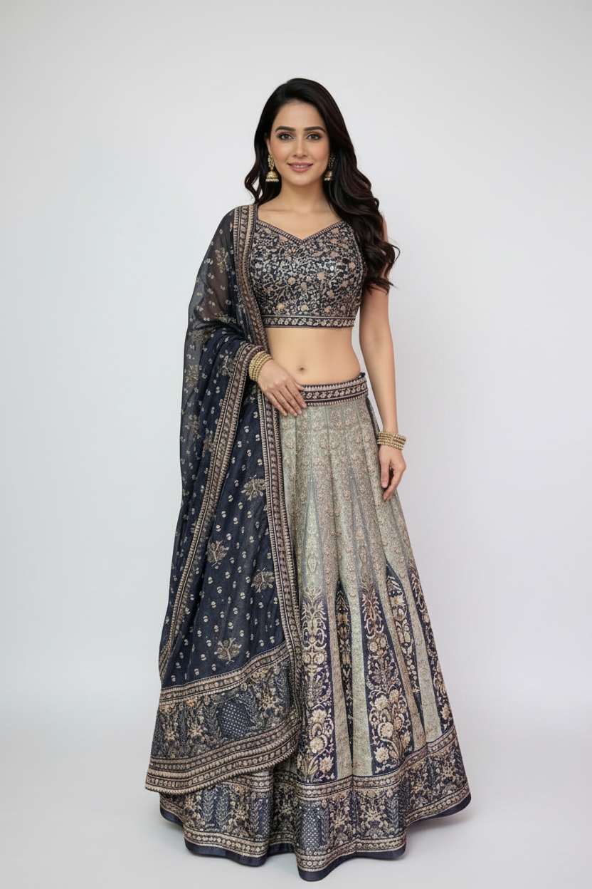 Navy Blue Lehenga Featuring Intricate Zari Weaves and Regal Elegance