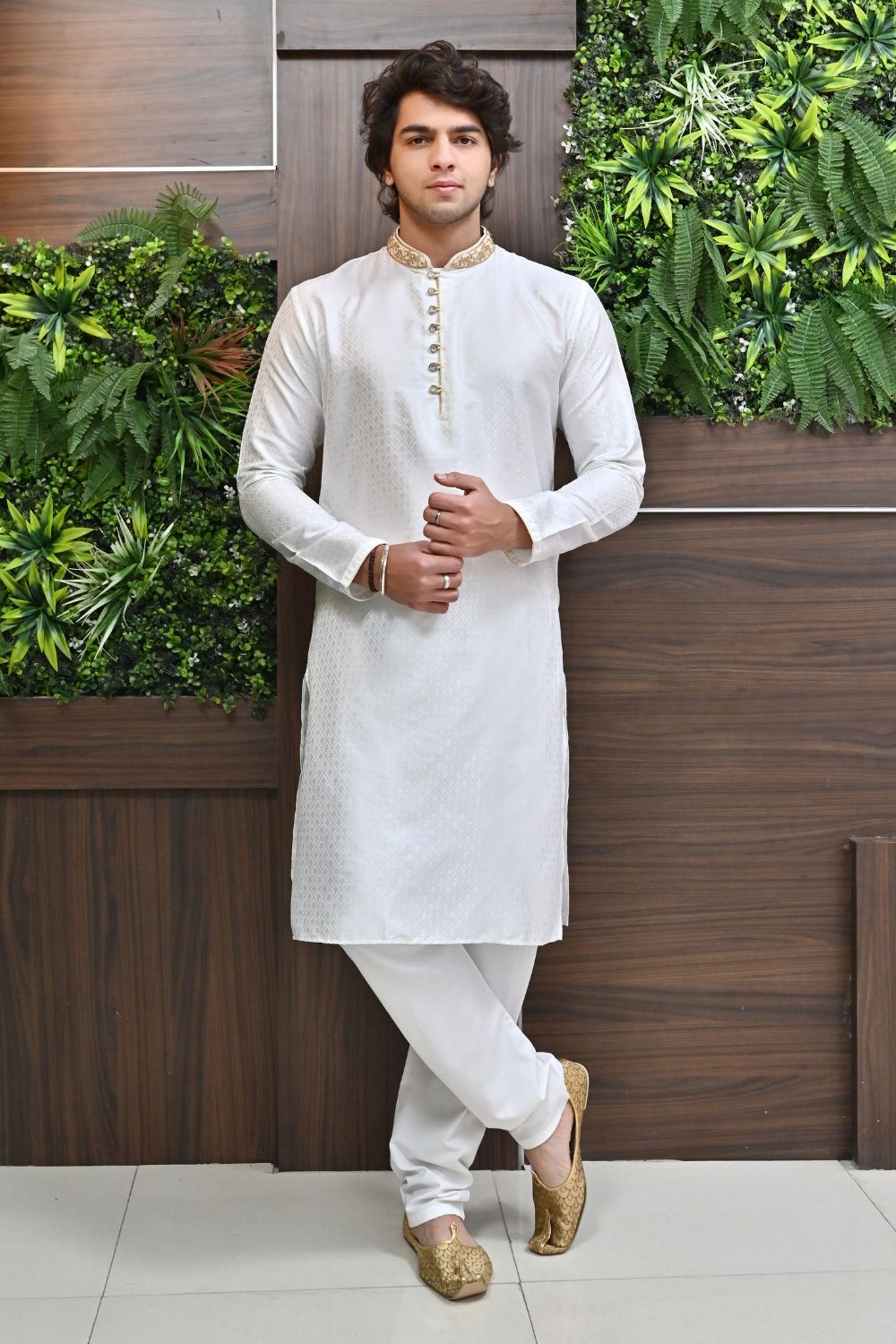 White Golden Embroidery kurta pajama