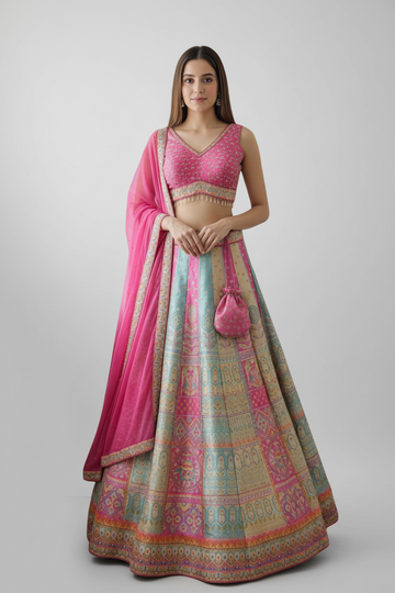 Pastel Pink & Aqua Lehenga Featuring Intricate Woven Motifs and Elegance