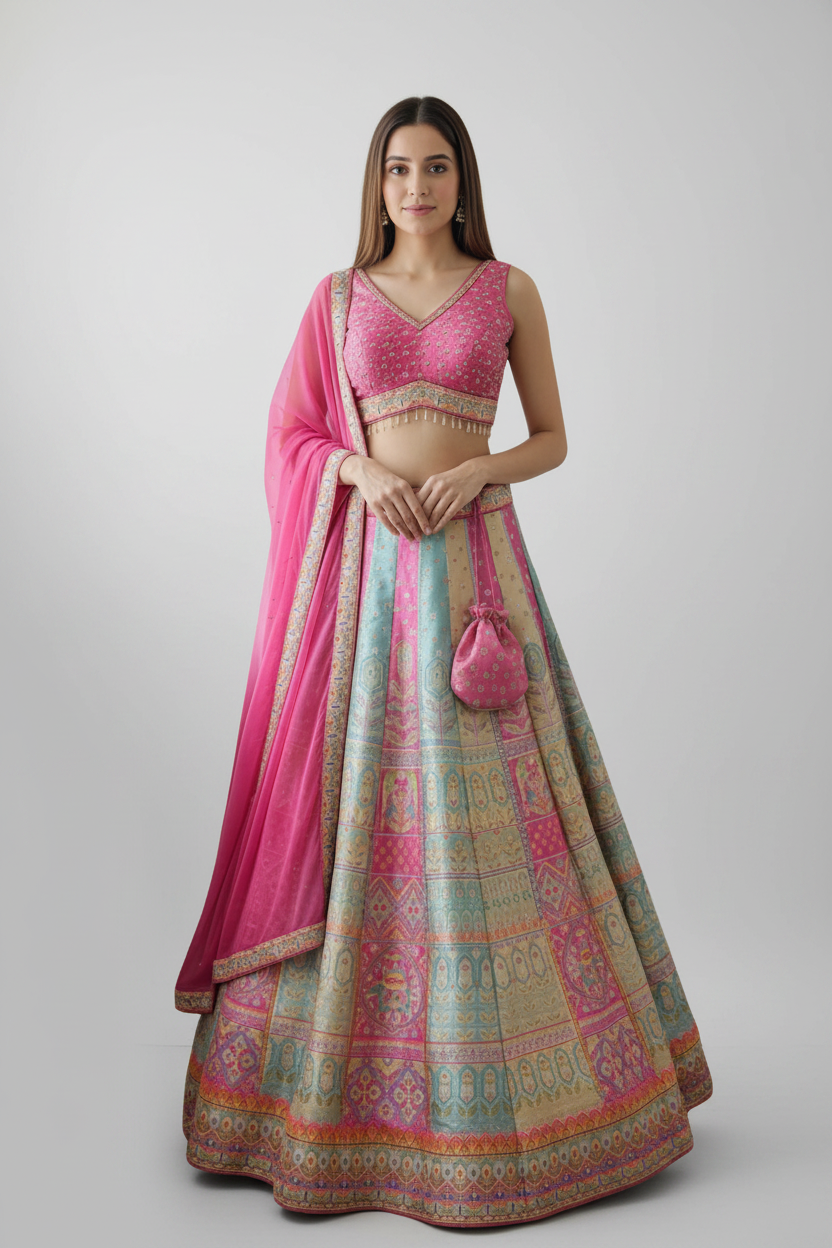 Pastel Pink & Aqua Lehenga Featuring Intricate Woven Motifs and Elegance