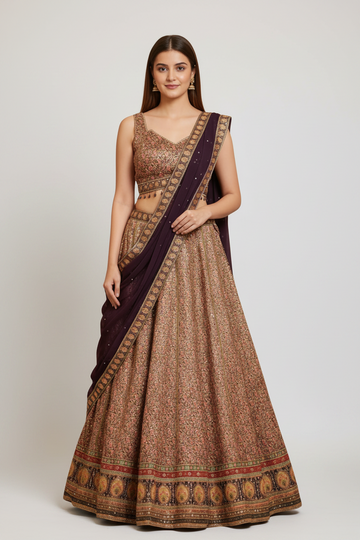Rose Gold Lehenga Paired with Plum Dupatta and Timeless Elegance
