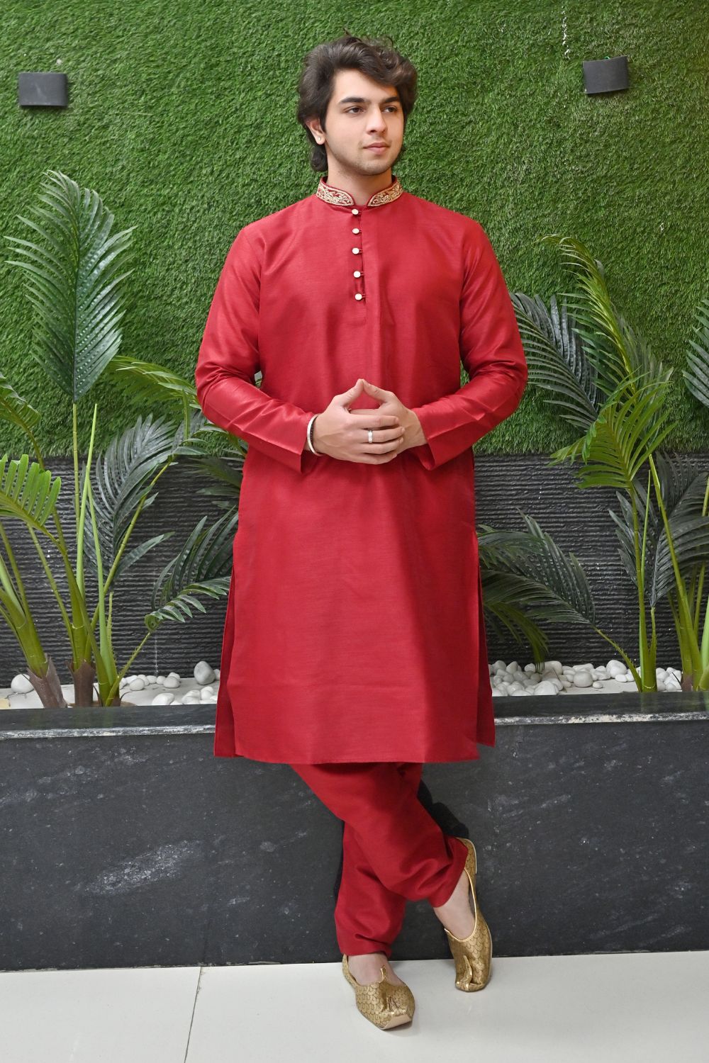 Deep Red Golden Embroidery kurta pajama