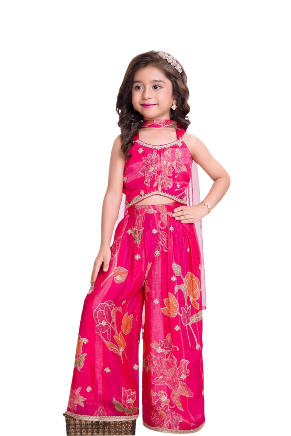 Vibrant fuchsia floral palazzo set with a matching dupatta.