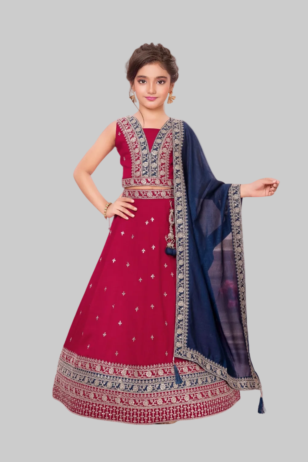 Graceful maroon lehenga with intricate embroidery and elegant navy dupatta ✨
