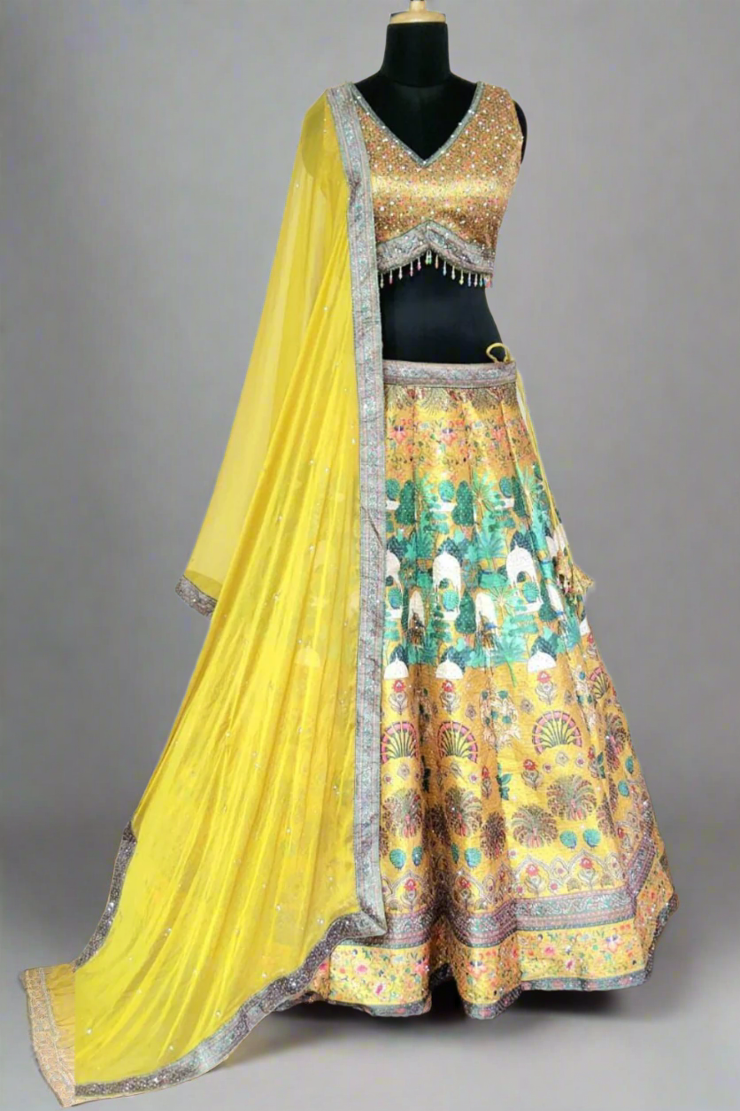 Multi color thread work lehenga with soft net dupatta Main image