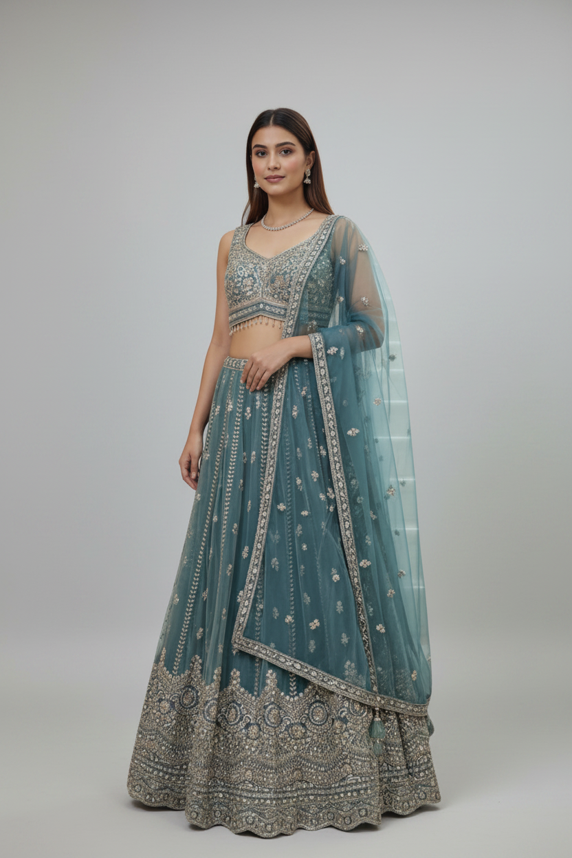 Classsy green lehenga with soft net dupatta