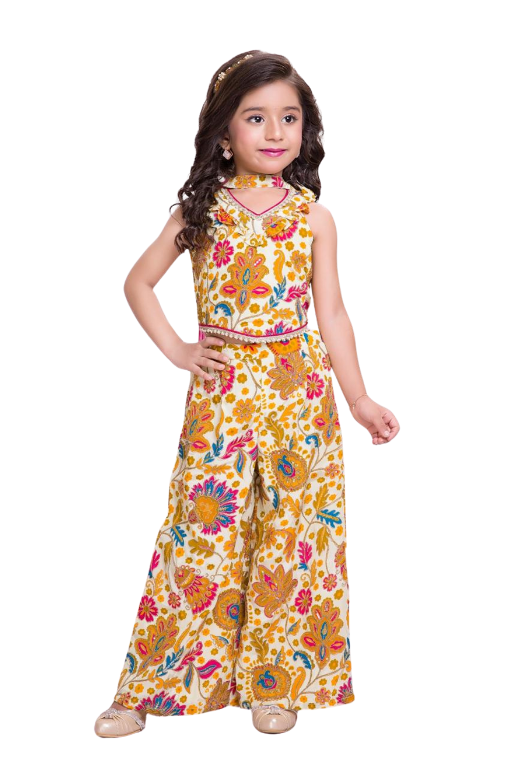 Vibrant ivory floral palazzo set with a matching neck scarf