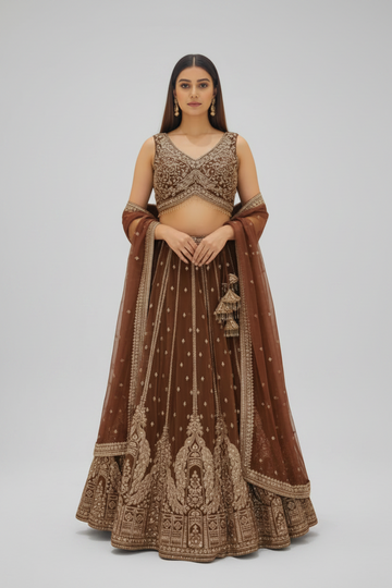 Thread work brown lehenga with soft net dupatta