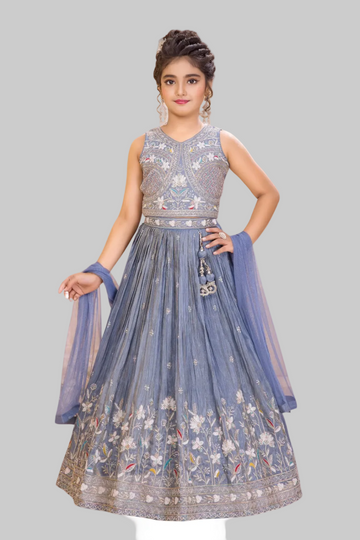 Elegant blue lehenga with floral embroidery and graceful