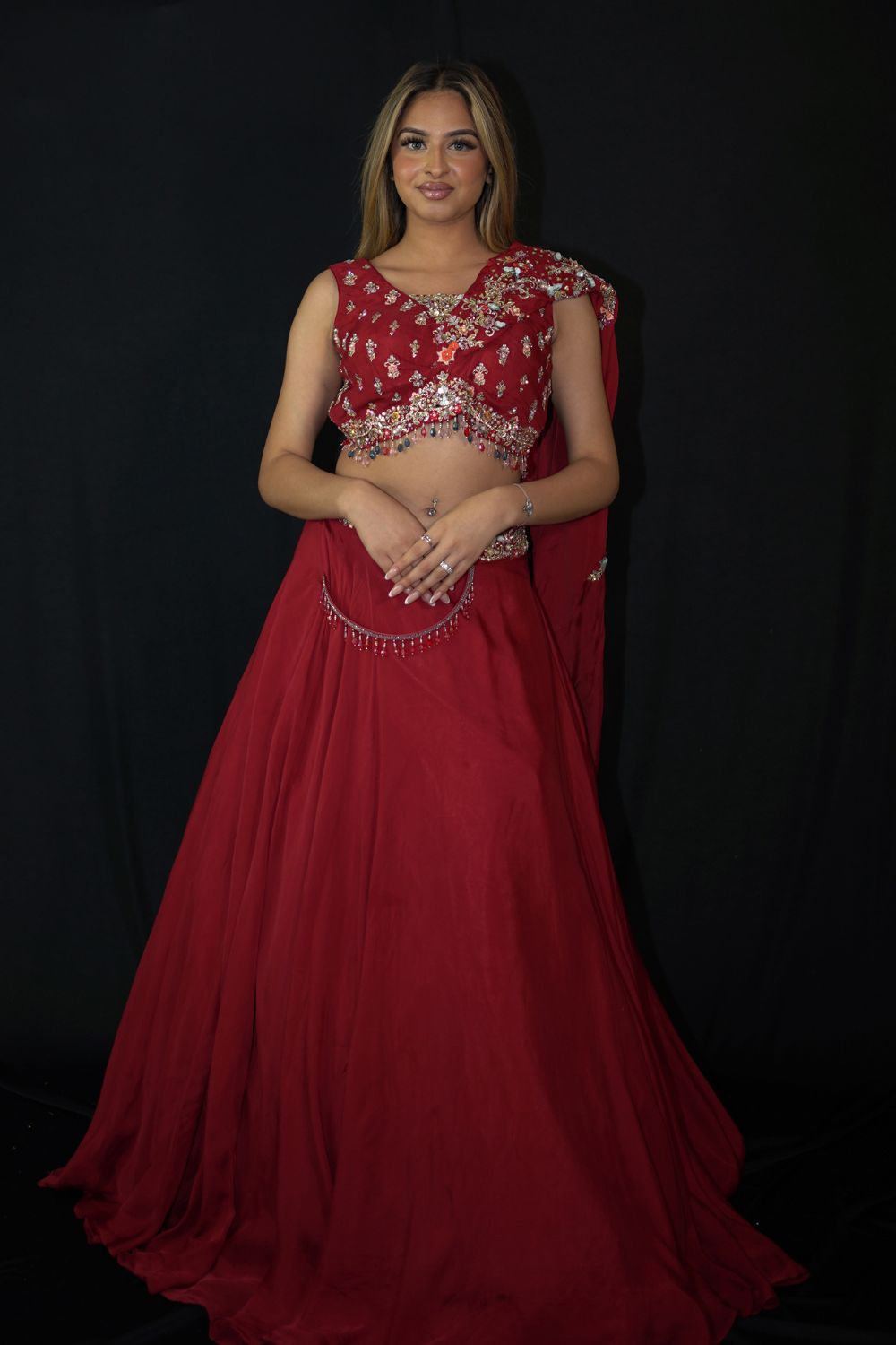 Stunning Red Organza with Draped style Blouse