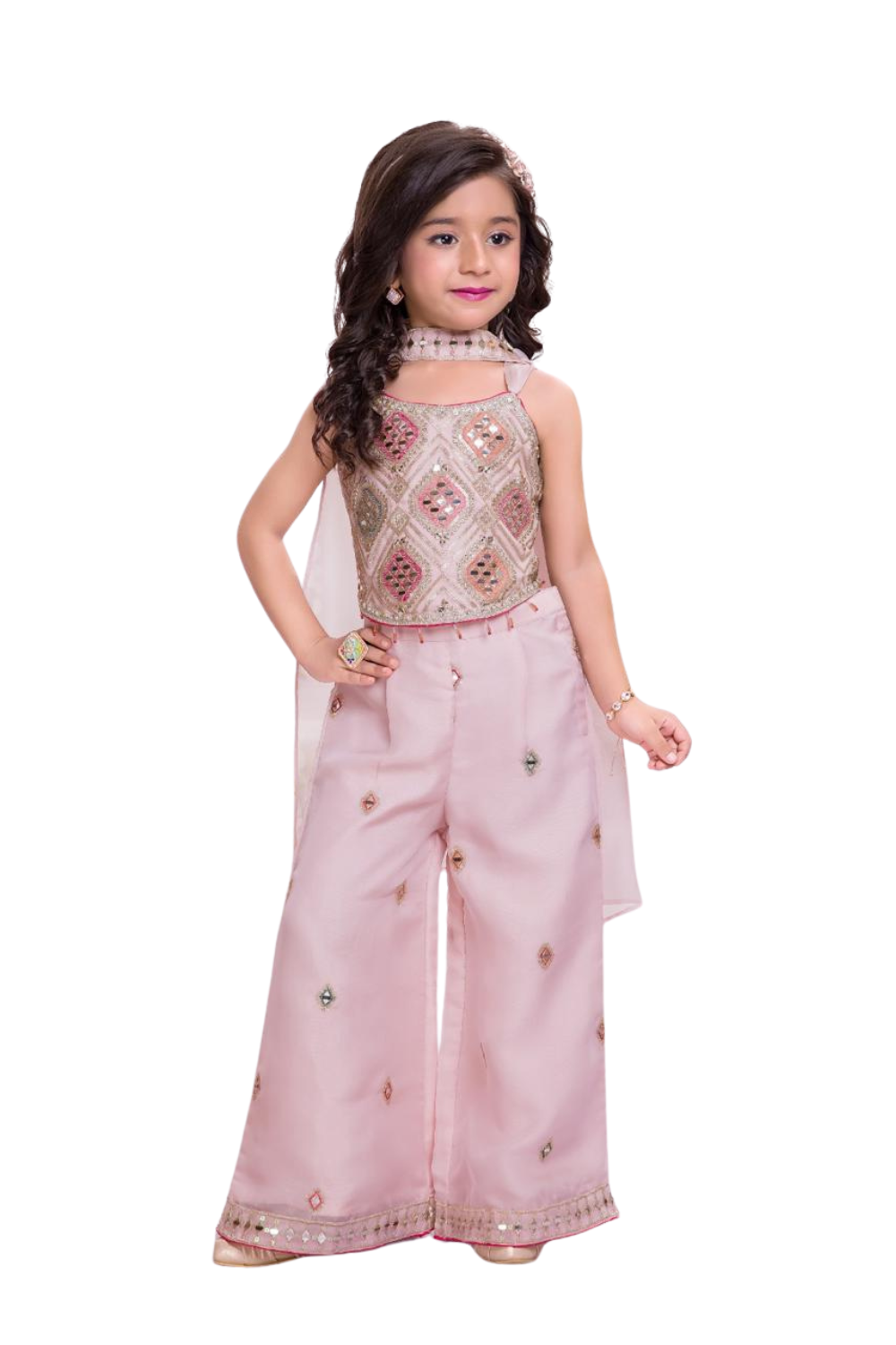 Charming blush-pink palazzo set with mirror-work detailing