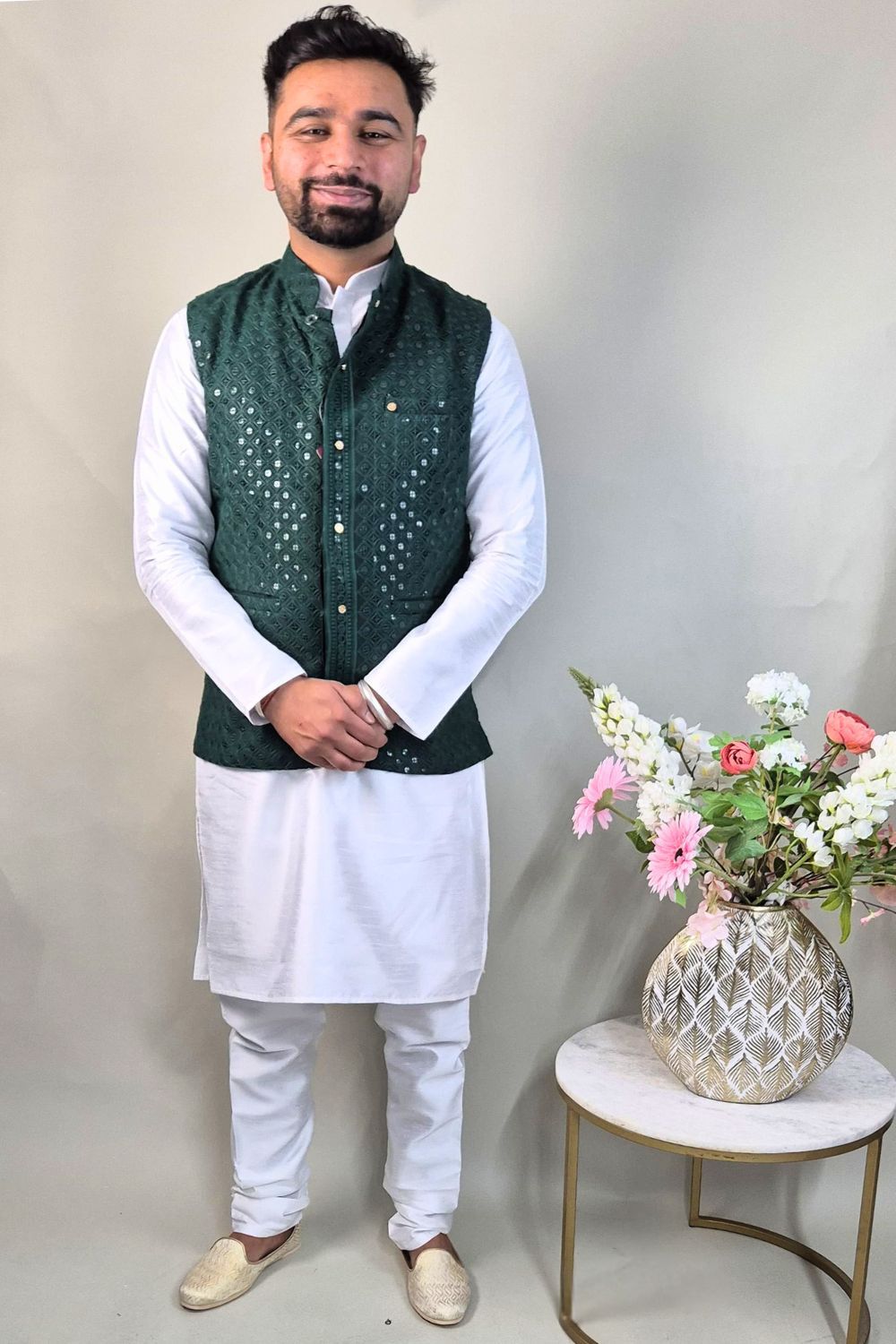 Bottle Green Sequins Waist Coat Main image