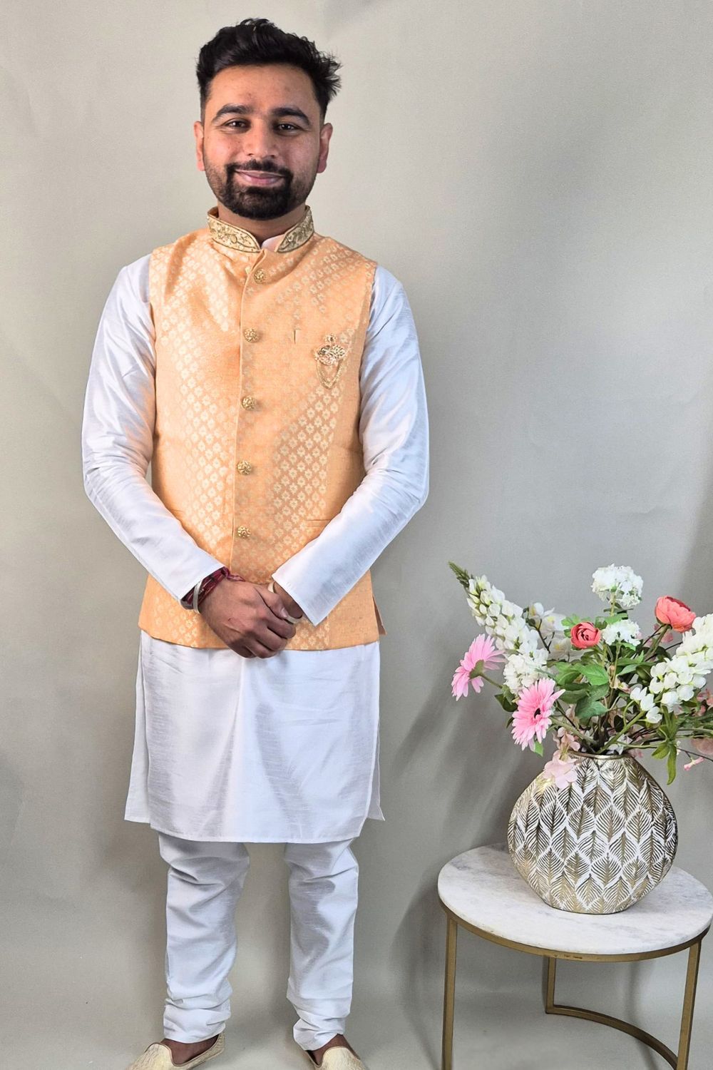 Peach Waist Coat with Golden Embroidery