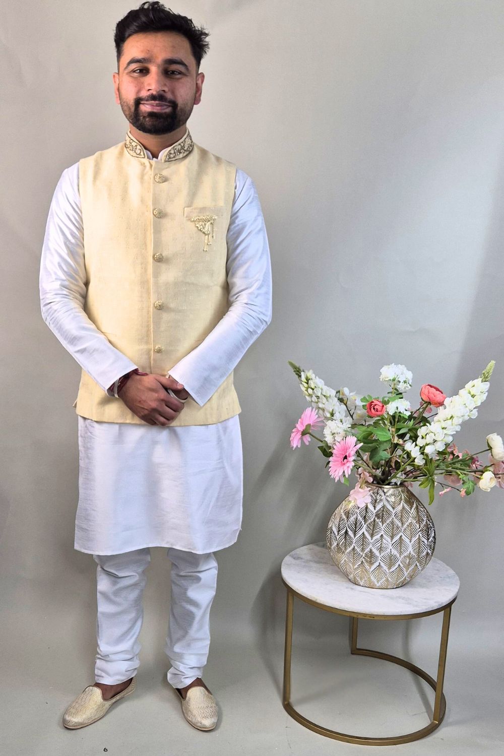 Beige Waist Coat With Golden Embroidery