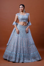 Light Blue Lehenga Pearl Thread Sequin Embroidered Net Lehenga