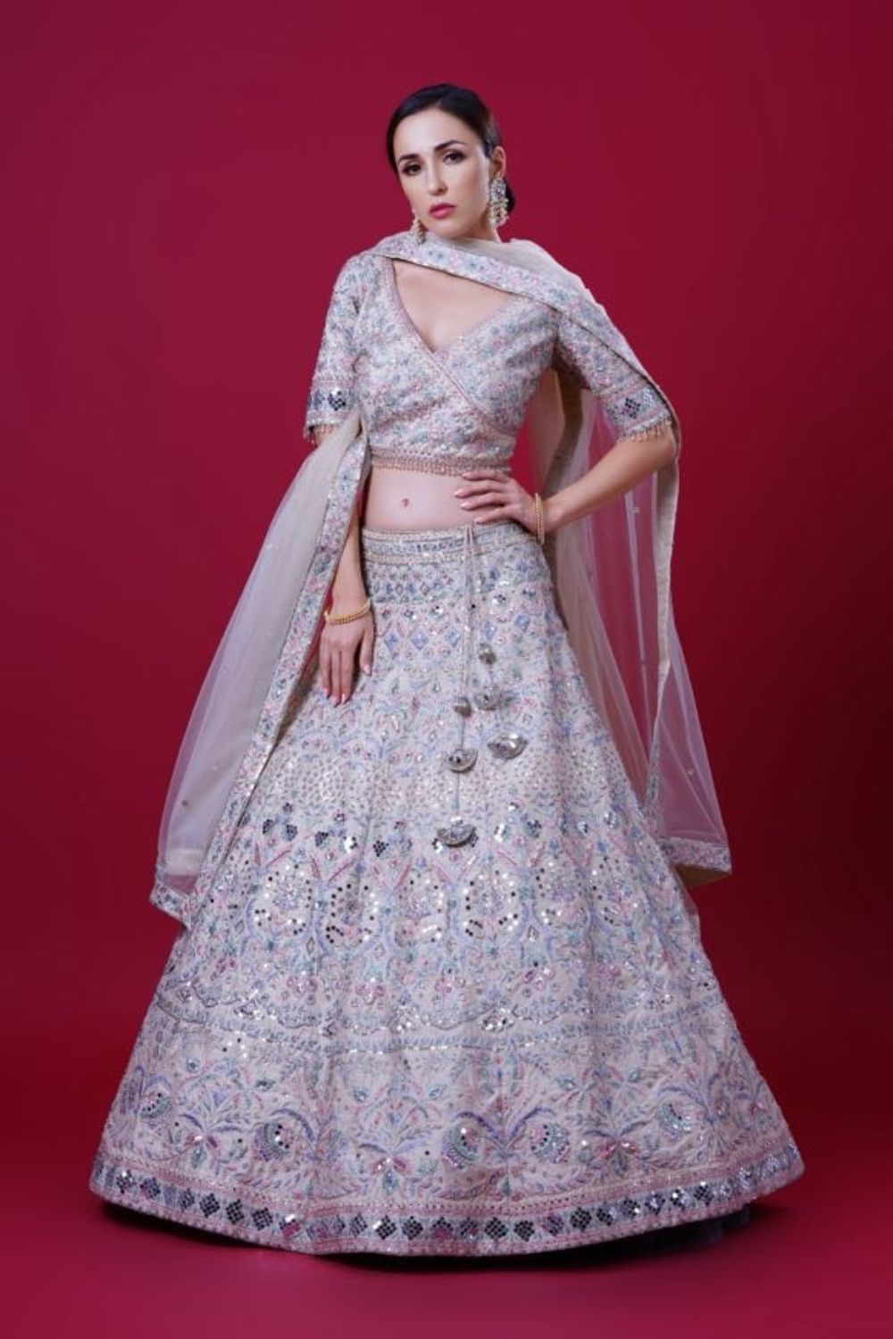 Pink Multicoloured mirror work Lehenga
