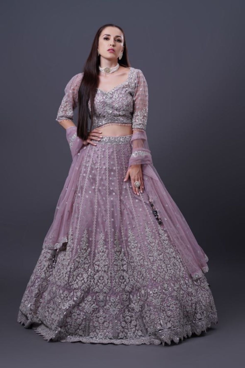 Lilac Lehenga with White Pearl Embroidered