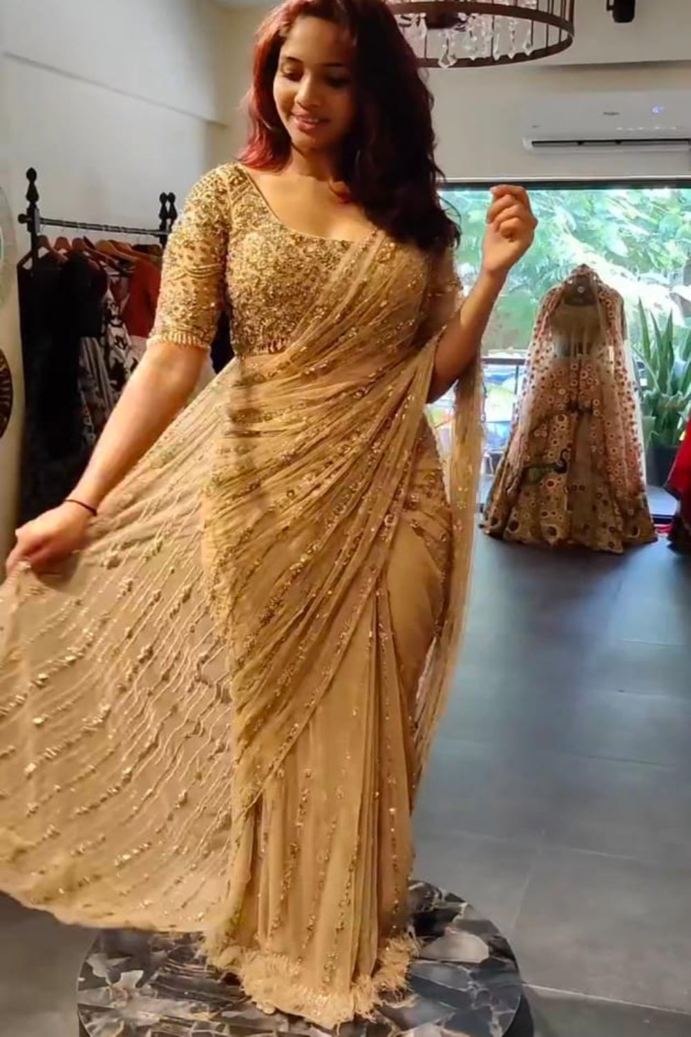 Biege Color sparkling saree Main image