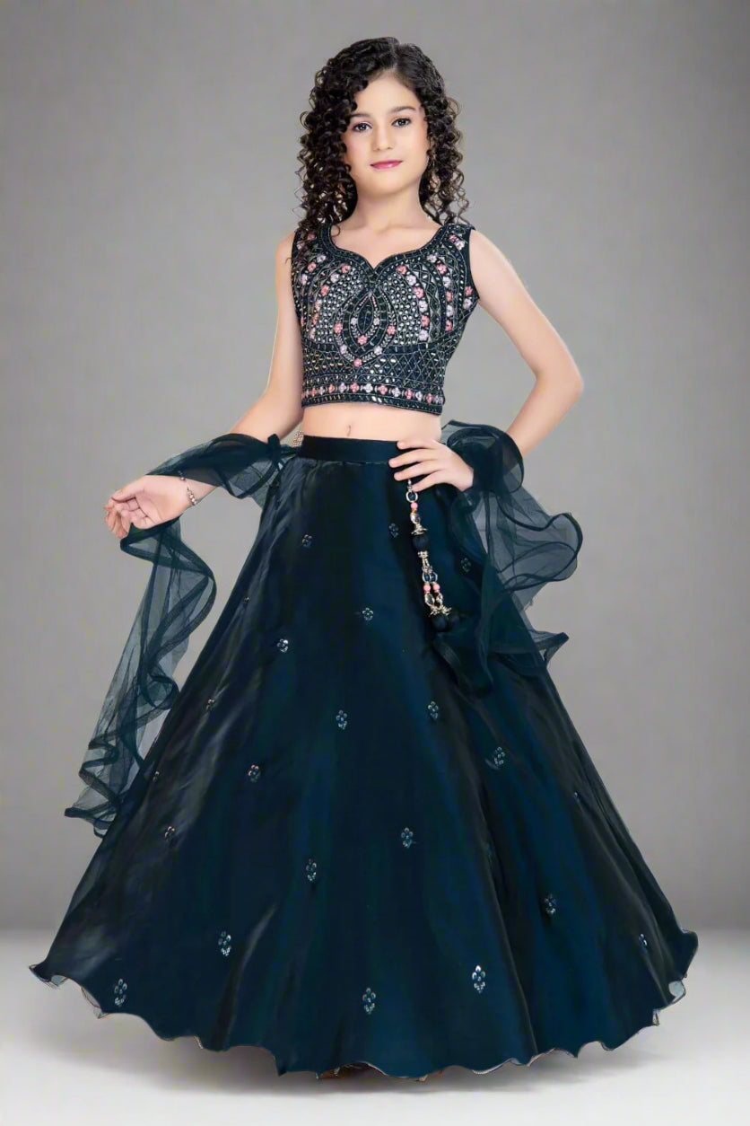 Elegant navy blue lehenga set featuring a mirror and thread-work blouse.