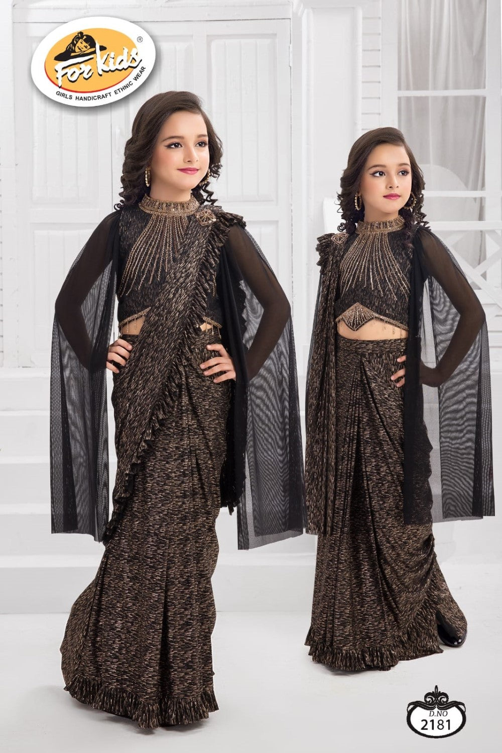 Bold and stylish black-gold pre-stitched saree with shimmer detailing.